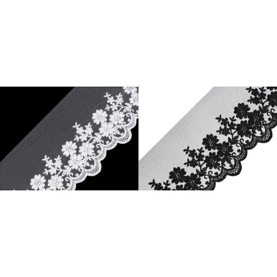 Dantelă brodată pe organza, lățime 90 mm - Negru (27 Metri) Dantelă brodată pe organza, lățime 90 mm - Negru (27 Metri)