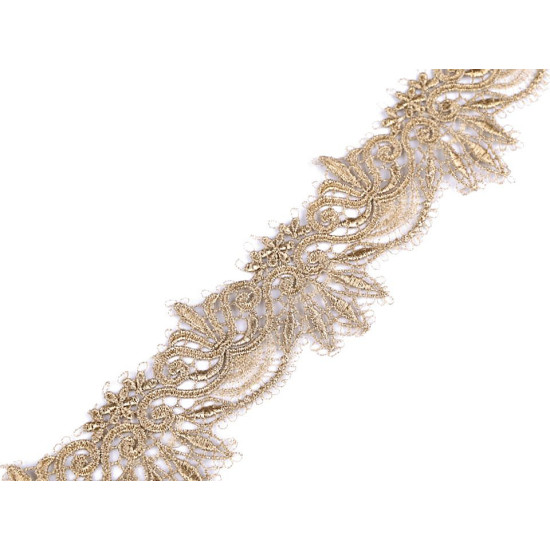 Dantelă brodată cu lurex, lățime 64 mm - Auriu deschis (1 Metru) Dantelă brodată cu lurex, lățime 64 mm - Auriu deschis (1 Metru)