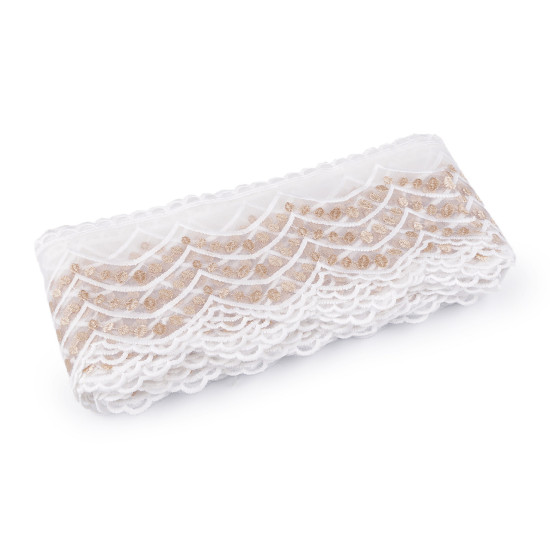 Dantela brodata pe organza latime 13 cm - Bej deschis (1 Metru) Dantela brodata pe organza latime 13 cm - Bej deschis (1 Metru)