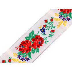 Folk costume pattern ribbon, width 55 mm, 2nd quality - White (1 Meter)