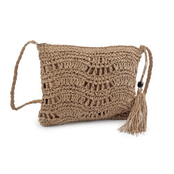 Crocheted raffia / bast handbag with zipper 27x23 cm - Natural brown (1 Piece)