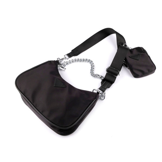 2-in-1 nylon handbag with silver chain 26x16 cm - Black (1 Piece) 2-in-1 nylon handbag with silver chain 26x16 cm - Black (1 Piece)