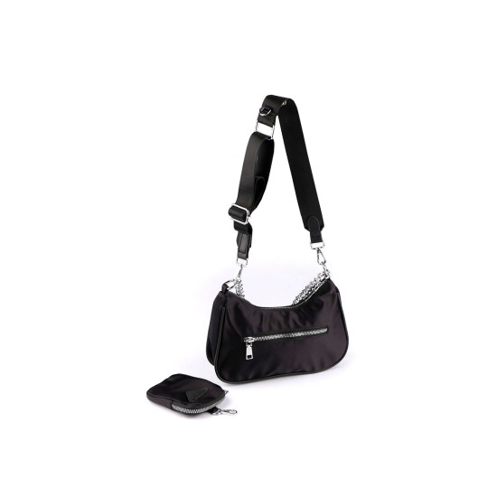 2-in-1 nylon handbag with silver chain 26x16 cm - Black (1 Piece) 2-in-1 nylon handbag with silver chain 26x16 cm - Black (1 Piece)