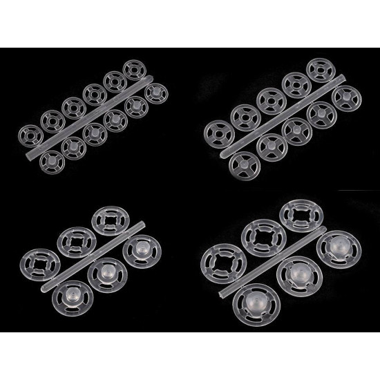 Felvarrható műanyag patent / összenyomható gomb ø7mm - ø 15 mm - Transparent (400 Csokrok) Felvarrható műanyag patent / összenyomható gomb ø7mm - ø 15 mm - Transparent (400 Csokrok)