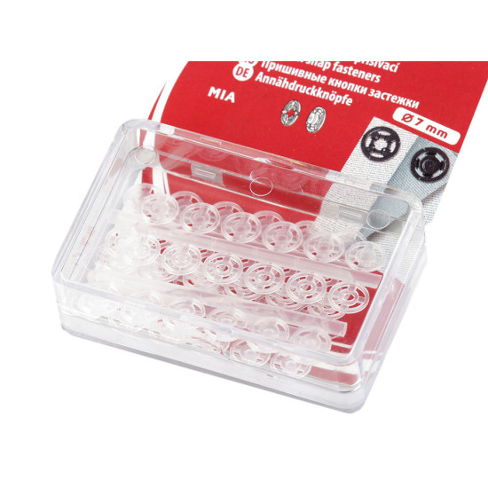Felvarrható műanyag patent / összenyomható gomb ø7 mm - ø15 mm - Transparent (20 Kártyák) Felvarrható műanyag patent / összenyomható gomb ø7 mm - ø15 mm - Transparent (20 Kártyák)