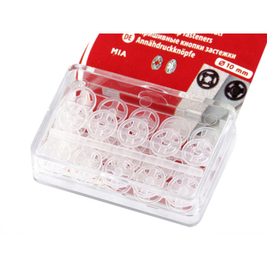 Felvarrható műanyag patent / összenyomható gomb ø7 mm - ø15 mm - Transparent (20 Kártyák) Felvarrható műanyag patent / összenyomható gomb ø7 mm - ø15 mm - Transparent (20 Kártyák)