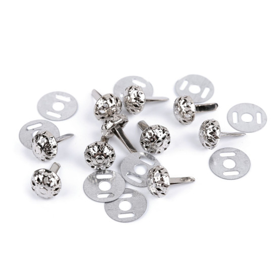 Dvojnôžkový klinec / kovové nožičky na kabelky filigrán ø10 mm; 12 mm - Nikel (50 Sady) Dvojnôžkový klinec / kovové nožičky na kabelky filigrán ø10 mm; 12 mm - Nikel (50 Sady)
