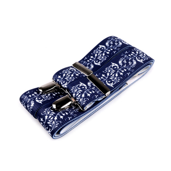 Trouser braces / suspenders, folklore blue print, width 3.5 cm, length 120 cm - Blue dark (1 Piece) Trouser braces / suspenders, folklore blue print, width 3.5 cm, length 120 cm - Blue dark (1 Piece)