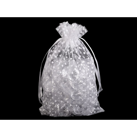 Ajándék zsákocska méretei 13x18 cm pöttyös organza - Fehér (10 Darabok) Ajándék zsákocska méretei 13x18 cm pöttyös organza - Fehér (10 Darabok)