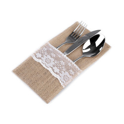 Etui jutowe na sztućce z koronką 11x20 cm - Płowy naturalny (2 Sztuki)