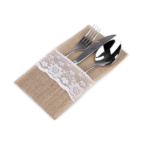 Etui jutowe na sztućce z koronką 11x20 cm - Płowy naturalny (40 Sztuki) Etui jutowe na sztućce z koronką 11x20 cm - Płowy naturalny (40 Sztuki)