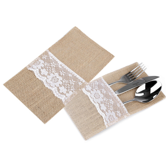 Etui jutowe na sztućce z koronką 11x20 cm - Płowy naturalny (40 Sztuki) Etui jutowe na sztućce z koronką 11x20 cm - Płowy naturalny (40 Sztuki)
