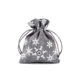 Woreczek podarunkowy 10x13 cm imitacja juty, śnieżynki - Szary (1 Sztuka)
