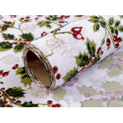 Christmas decorative fabric width 48 cm holly twig with glitter - White (10 Meters)