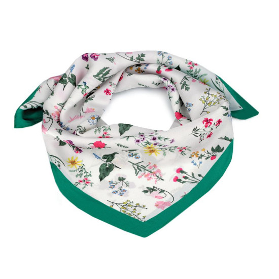 Batic / eşarfă satinată cu motiv floral, 50x50 cm - Verde smarald (1 Bucată)