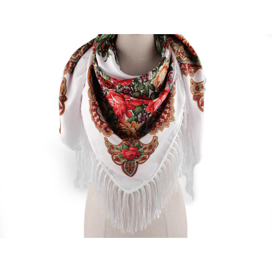 Batic / eşarfă satinată cu motiv floral, 105x105 cm - Alb (1 Bucată) Batic / eşarfă satinată cu motiv floral, 105x105 cm - Alb (1 Bucată)