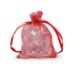 Woreczek podarunkowy 7x8,5 cm organza gwiazdki - Czerwony (100 Sztuki)