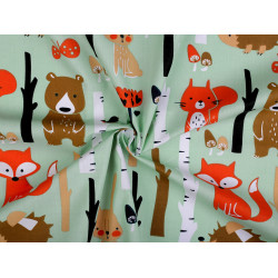Cotton fabric / canvas fox in the forest - Mint (1 Meter)