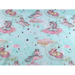 Cotton fabric / canvas with golden print, unicorn - Mint (1 Meter)