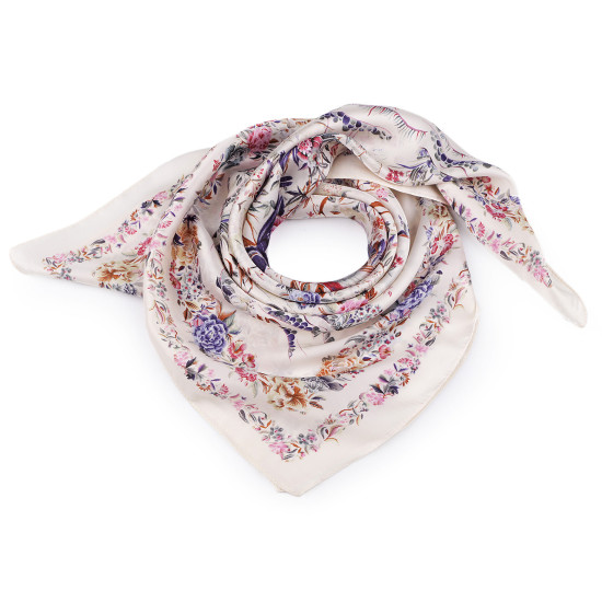 Foulard in raso, sciarpa avvolgente, in seta, motivo: fiori, dimensioni: 70 x 70 cm - Crema più chiaro (1 Pezzo)