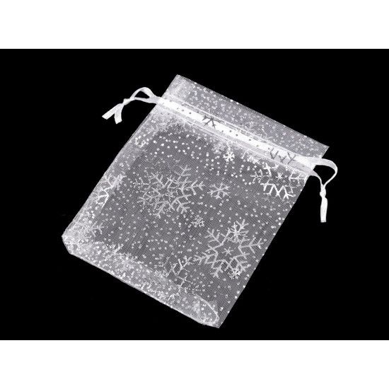 Saculet cadou imprimeu fulgi de nea 9x11 cm - Alb (100 Bucăți)
