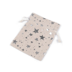 Woreczek podarunkowy lniany 13x18 cm metaliczne gwiazdy - Naturalny (1 Sztuka)