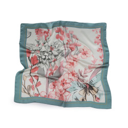 Batic / eșarfă din satin flori si fluture 70x70 cm - Verde salvie inchis (1 Bucată)