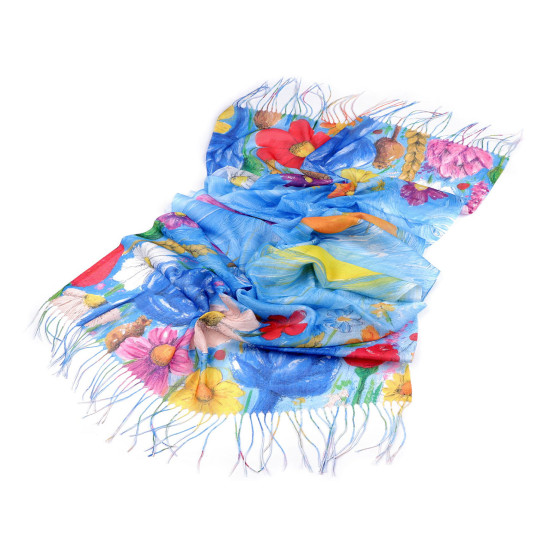 Chusta / szal z frędzlami malowane kwiaty 70x175 cm - Niebieskiwrzos (4 Sztuki) Chusta / szal z frędzlami malowane kwiaty 70x175 cm - Niebieskiwrzos (4 Sztuki)