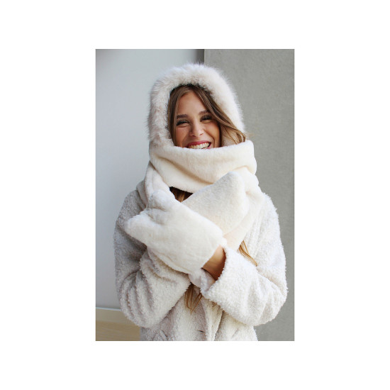 Fur hat "3in1" gloves, shawl, hood - Beige (1 Piece) Fur hat "3in1" gloves, shawl, hood - Beige (1 Piece)