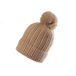 Czapka damska / dziewczęca zimowa z pomponem emi ross - Beżowa camel (1 Sztuka)