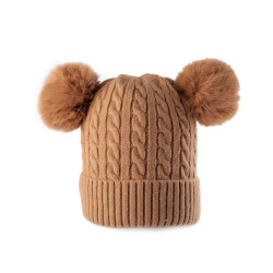 Czapka damska / dziewczęca zimowa z pomponami emi ross - Beżowa camel (1 Sztuka)