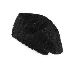 Beret damski / dziewczęcy włóczkowy z drobnymi cekinami - Czarny (1 Sztuka)