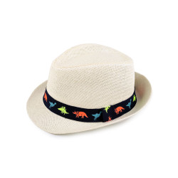 Children's summer hat / straw hat, car and dinosaurs - Creamy light (1 Piece)