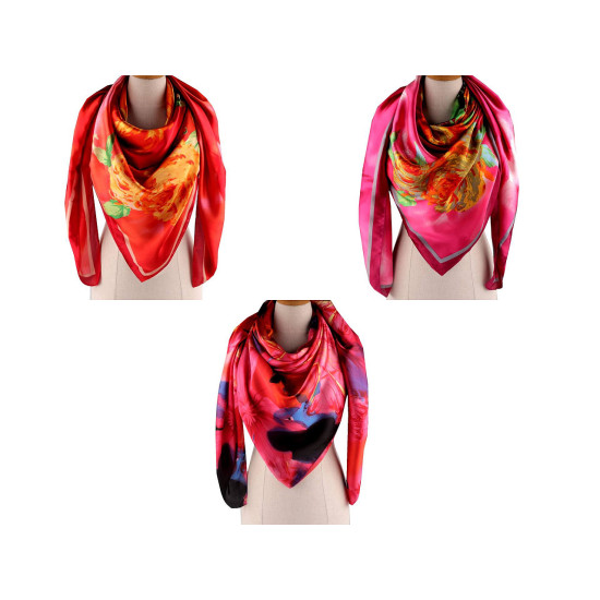Large satin scarf with flowers 130x135 cm - Light red (3 Pieces) Large satin scarf with flowers 130x135 cm - Light red (3 Pieces)
