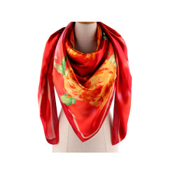 Large satin scarf with flowers 130x135 cm - Light red (1 Piece)