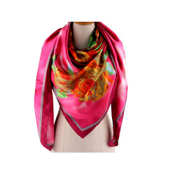 Large satin scarf with flowers 130x135 cm - Pink (1 Piece)