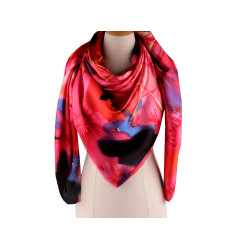 Large satin scarf with flowers 130x135 cm - Pink (1 Piece)
