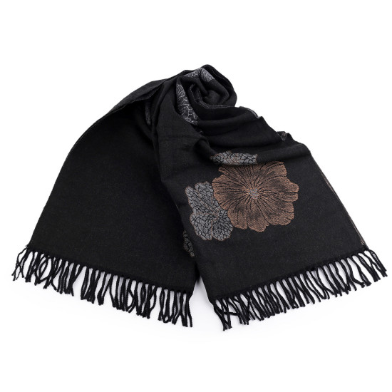 Cashmere type scarf with fringes, flowers 70x190 cm - Black (1 Piece) Cashmere type scarf with fringes, flowers 70x190 cm - Black (1 Piece)