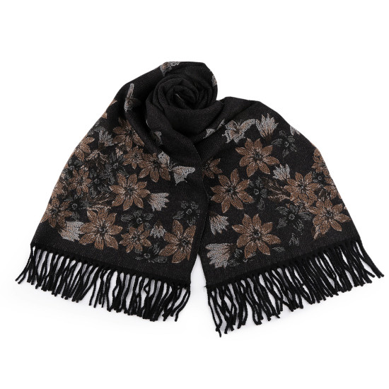 Cashmere type scarf with fringes, flowers 70x190 cm - Black (1 Piece) Cashmere type scarf with fringes, flowers 70x190 cm - Black (1 Piece)