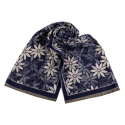 Cashmere type scarf with fringes, flowers 60x180 cm - Blue dark (1 Piece)