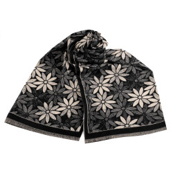 Cashmere type scarf with fringes, flowers 60x180 cm - Black (1 Piece)