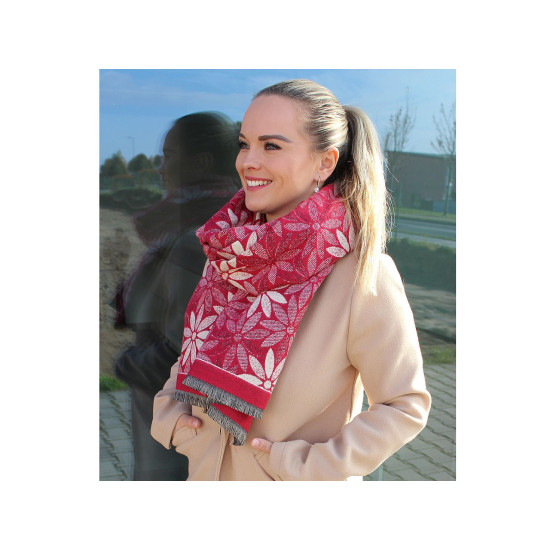 Cashmere type scarf with fringes, flowers 60x180 cm - Red (1 Piece) Cashmere type scarf with fringes, flowers 60x180 cm - Red (1 Piece)