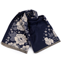 Cashmere type scarf with fringes, flowers 68x180 cm - Blue dark (1 Piece)