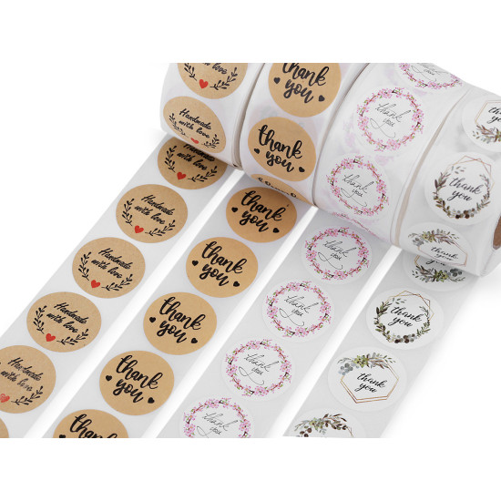 Nalepki papierowe handmade with love, thank you ø25 mm - White (1 Rolka) Nalepki papierowe handmade with love, thank you ø25 mm - White (1 Rolka)