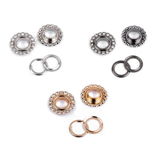 Eyelets / grommets with washer inner ø10 mm / outer ø22 mm "flower with crystals" - Black nickel (30 Pairs) Eyelets / grommets with washer inner ø10 mm / outer ø22 mm "flower with crystals" - Black nickel (30 Pairs)