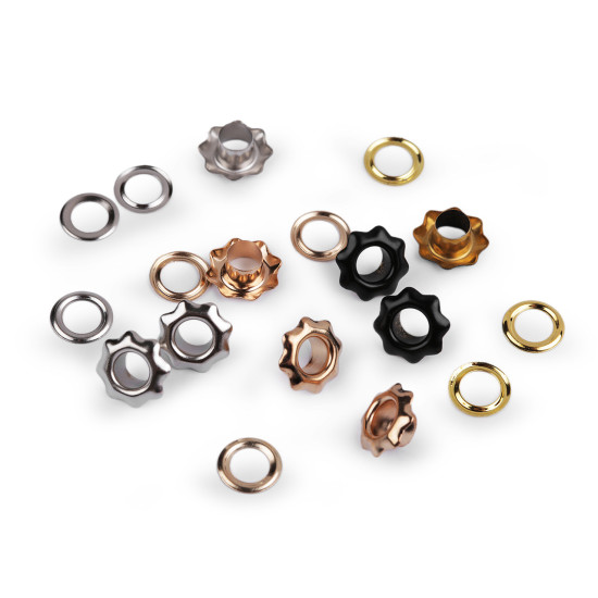 Eyelets / grommets with washer, inner ø5 mm / outer ø11 mm, flower - Nickel (300 Pairs) Eyelets / grommets with washer, inner ø5 mm / outer ø11 mm, flower - Nickel (300 Pairs)