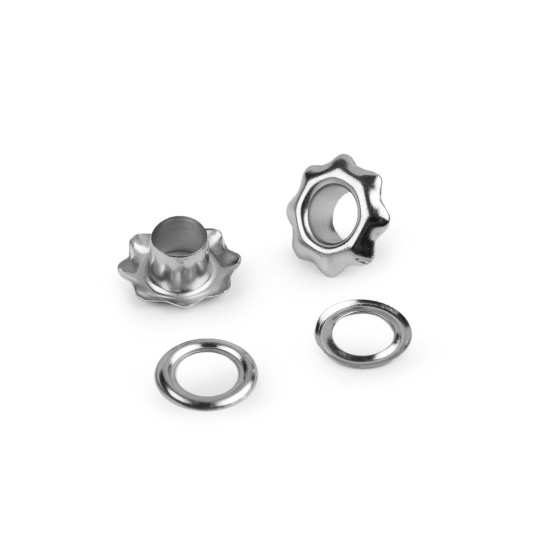 Eyelets / grommets with washer, inner ø5 mm / outer ø11 mm, flower - Nickel (300 Pairs) Eyelets / grommets with washer, inner ø5 mm / outer ø11 mm, flower - Nickel (300 Pairs)