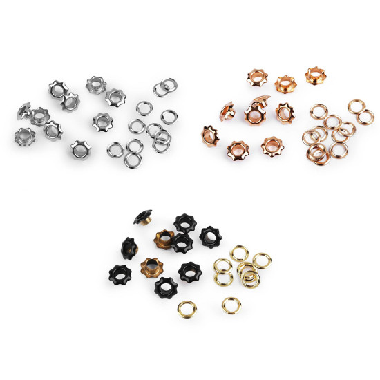 Eyelets / grommets with washer, inner ø5 mm / outer ø11 mm, flower - Nickel (300 Pairs) Eyelets / grommets with washer, inner ø5 mm / outer ø11 mm, flower - Nickel (300 Pairs)