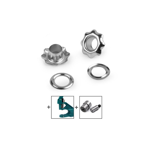 Eyelets / grommets with washer, inner ø5 mm / outer ø11 mm, flower - Nickel (300 Pairs) Eyelets / grommets with washer, inner ø5 mm / outer ø11 mm, flower - Nickel (300 Pairs)