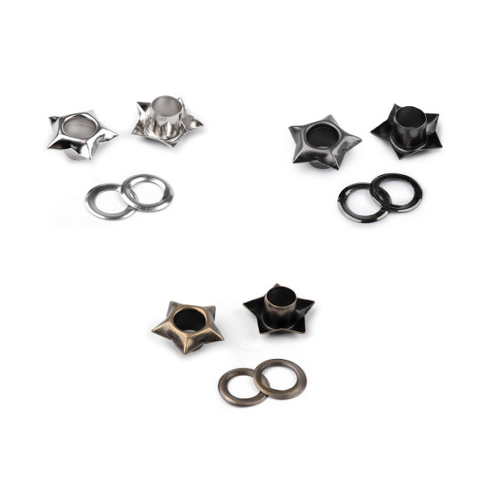 Eyelets / grommets with washer, inner ø5 mm / outer ø12.7 mm, star - Nickel (300 Pairs) Eyelets / grommets with washer, inner ø5 mm / outer ø12.7 mm, star - Nickel (300 Pairs)